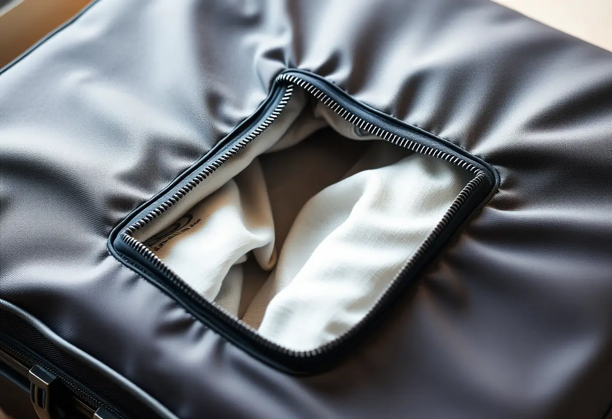 Ouverture zippée d'une grande valise carrée montrant des vêtements pliés.