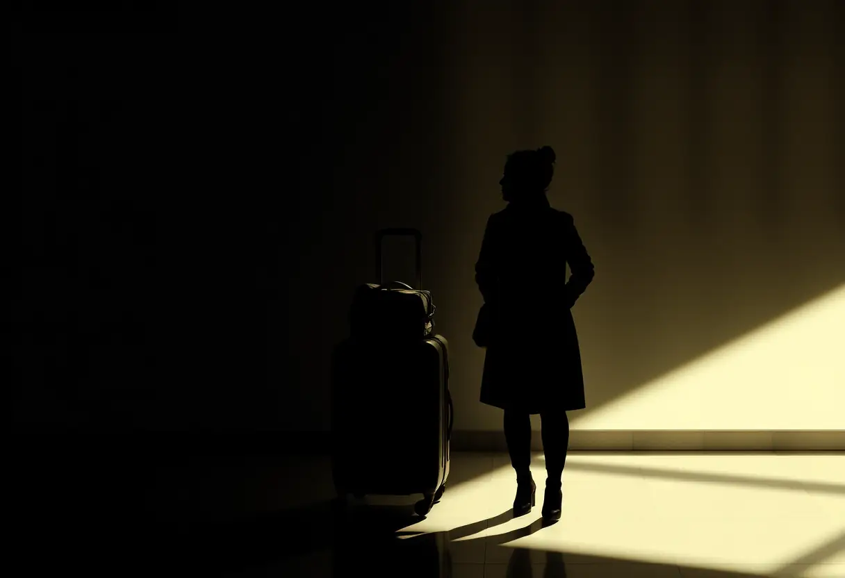 Un silhouettre se tient à côté d'une valise bien organisée et prête pour un voyage. La lumière latérale projette une ombre douce sur le sol.
