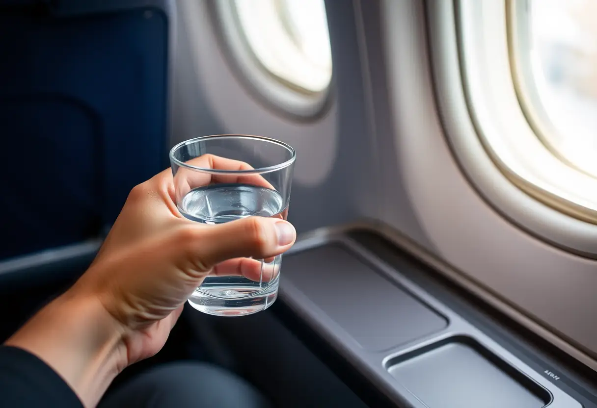 Une main stabilise une tasse d'eau sur un plateau d'avion oscillant