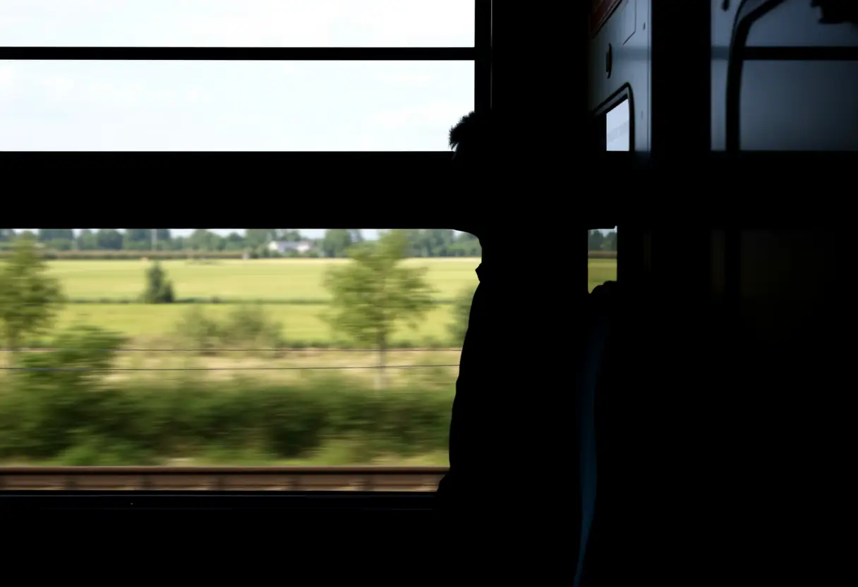 Un profil se penche vers la fenêtre d'un compartiment de train, regardant défiler les arbres et champs