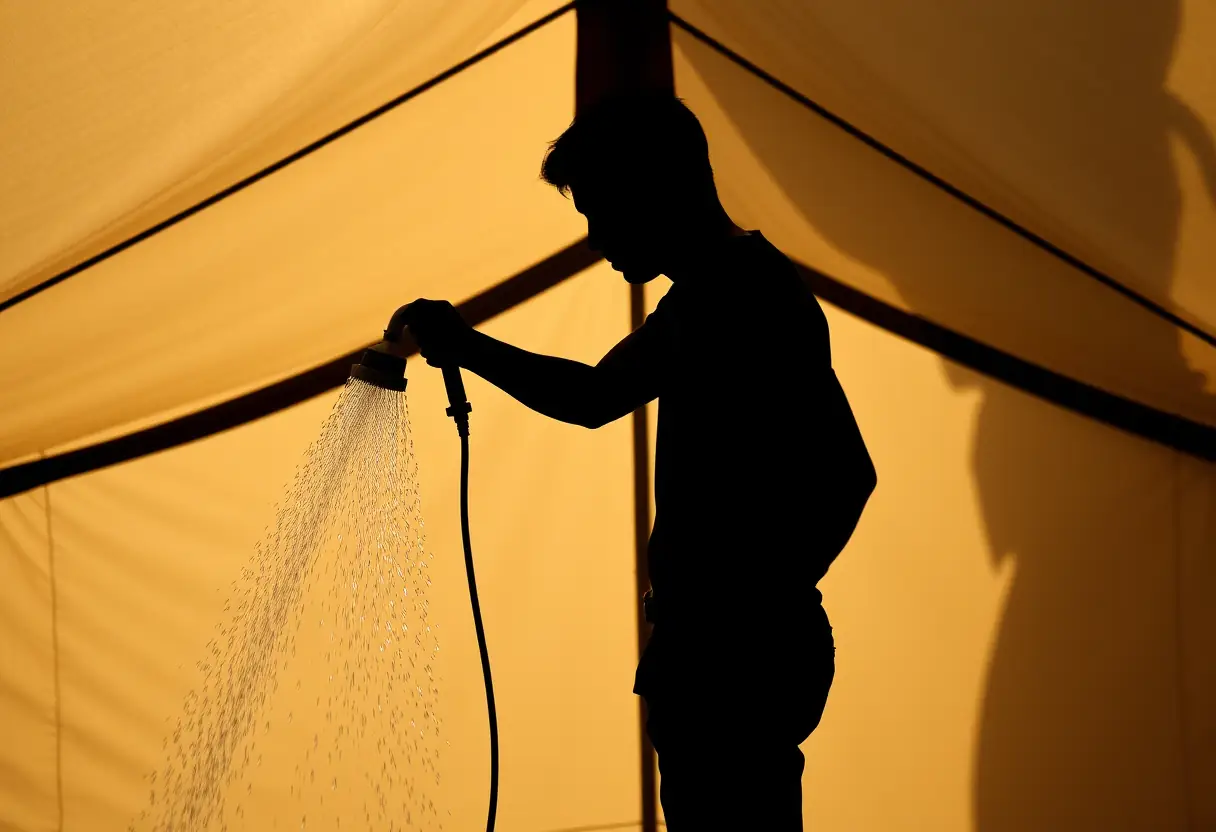 Une silhouette devant une tente en toile utilisant un pommeau de douche manuel pour se nettoyer.
