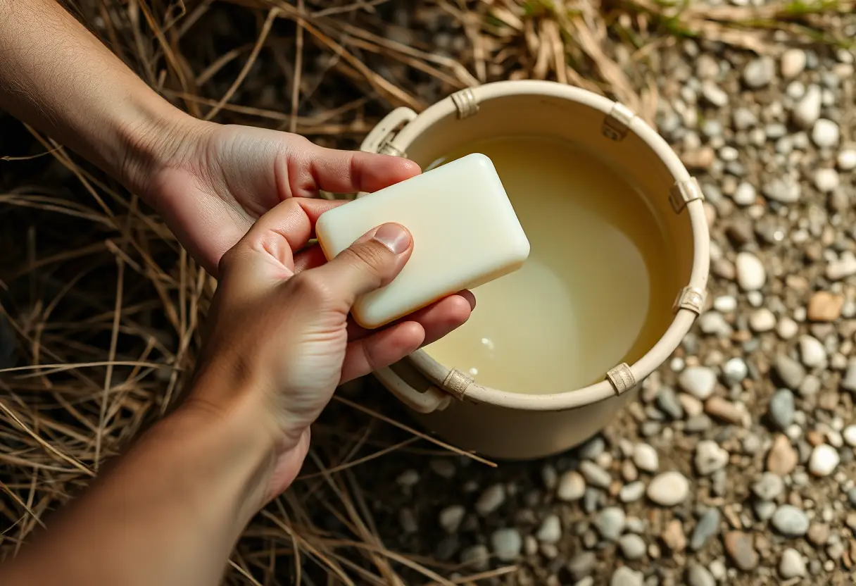 Une main tenant du savon près d'un bassin portable