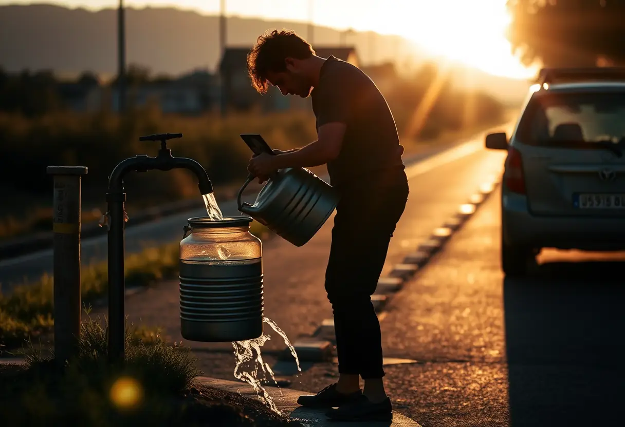 Un silhouetté remplissant un récipient métallique d'eau à une fontaine routière