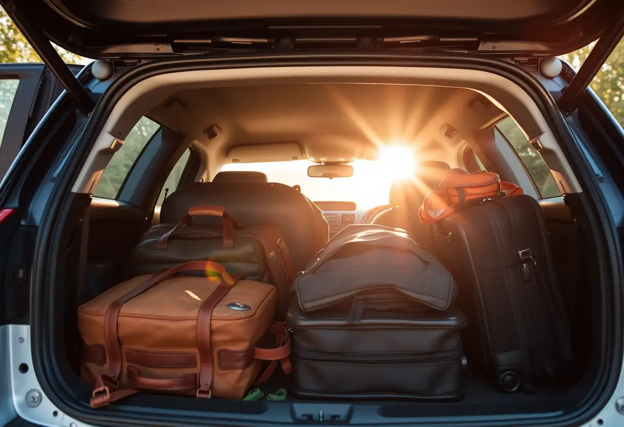 Un coffre de voiture rempli de valises et de sacs de voyage, prêt pour un road trip