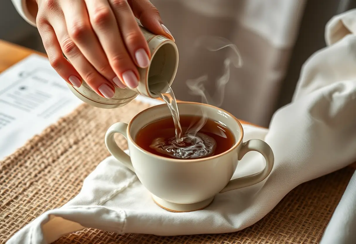 Une main qui verse du thé herbagé dans une tasse en céramique avec une nappe en coton tissé