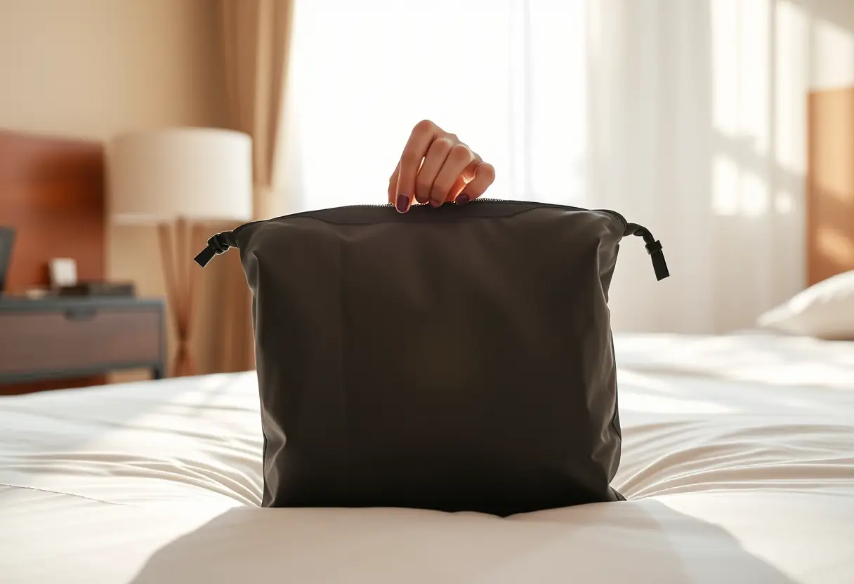 Une main féminine ferme une fermeture d'un sac en nylon rectangle dans une chambre d'hôtel, la lumière du soleil filtre à travers la fenêtre sur le drap de lit