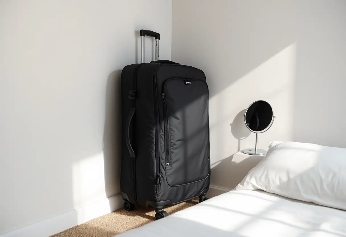 Un sac de voyage en polyester compressé debout dans un coin de la chambre, reflété dans un petit miroir rond sur la table de chevet