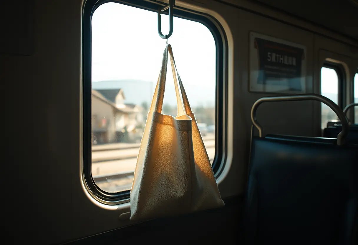 Un sac à dos suspendu dans un wagon de train, voyage économique au Japon
