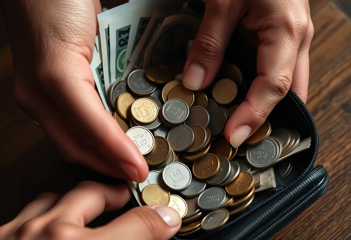 Des mains triant des pièces et des billets dans un portefeuille