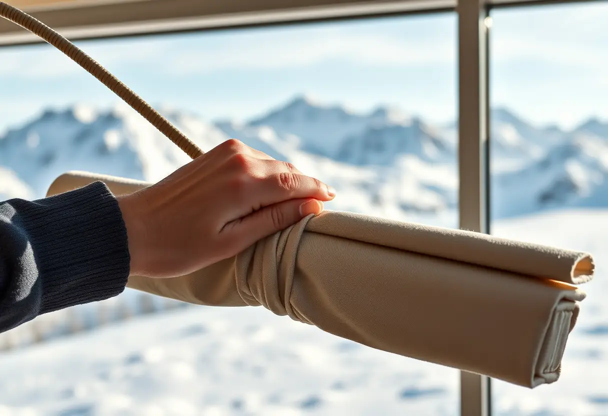 Une main roule soigneusement des planches de ski enveloppées dans un tissu protecteur près d'une fenêtre donnant sur des montagnes enneigées