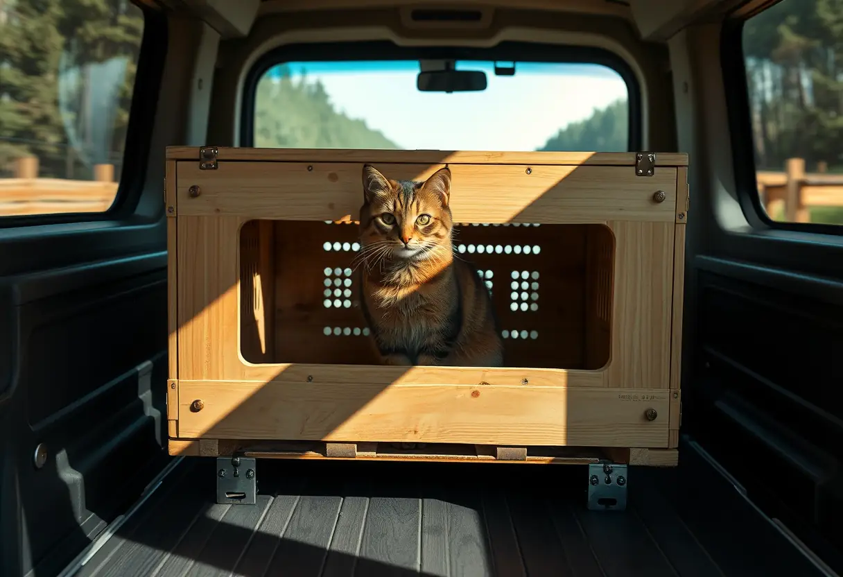 Un chat dans une caisse en bois fixée à l'intérieur d'un camping-car, pendant un voyage secoué