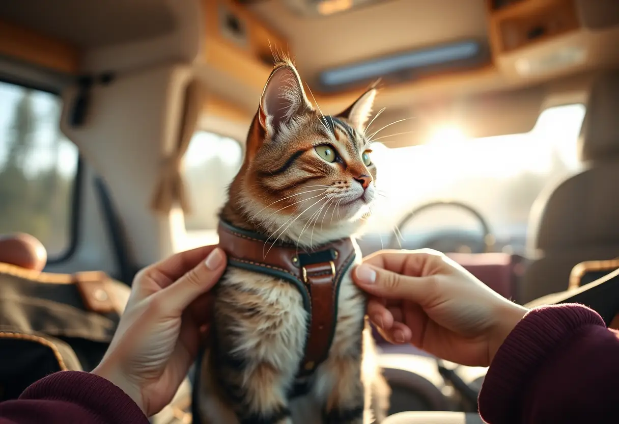 Des mains attachent délicatement une harnais en cuir à un chat, prêt pour un voyage en camping-car, éclairé par la lumière naturelle