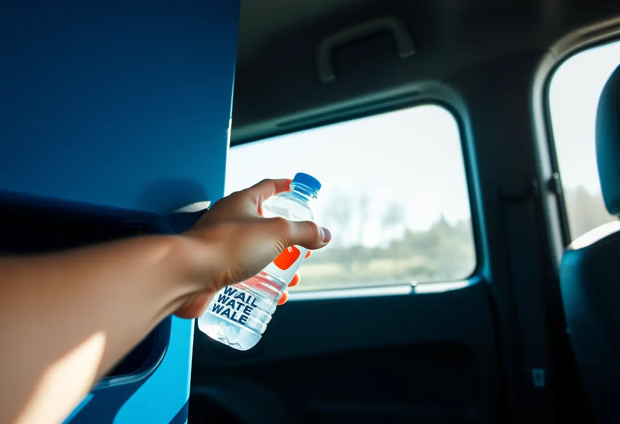 Une main qui prend une bouteille d'eau dans une alcôve d'un camping-car