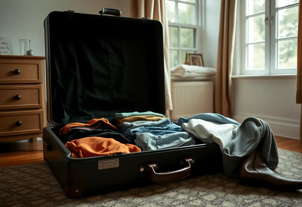 Un grand sac de voyage en cuir ouvert contient des vêtements soigneusement pliés