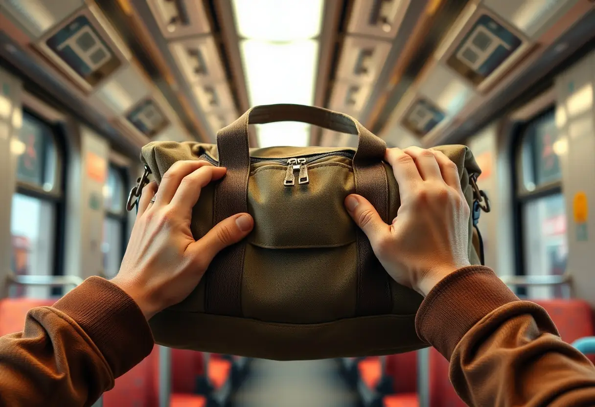 Une valise en toile zippée dans un wagon de train