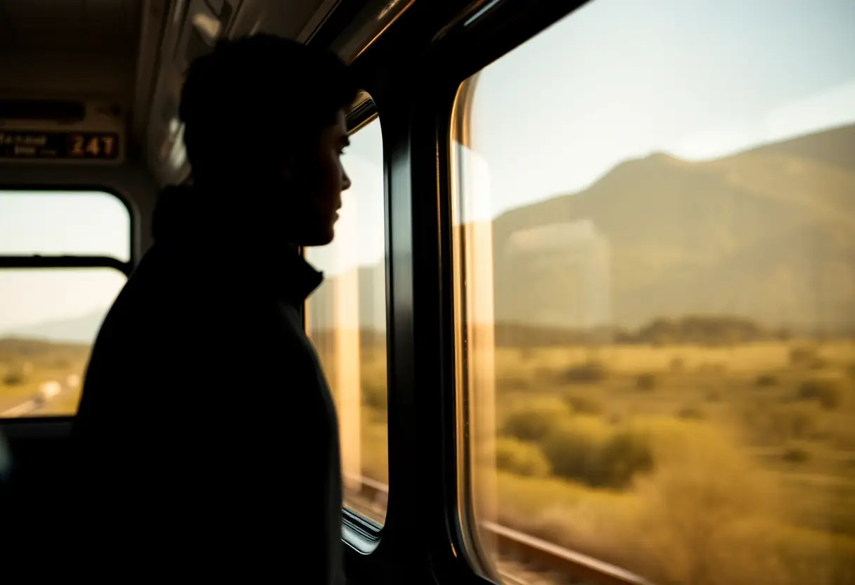 Un passager regardant le paysage depuis une fenêtre de train rapide