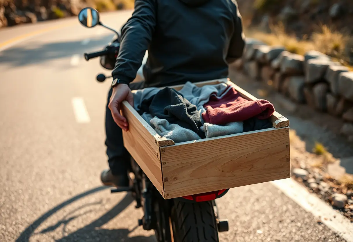 Une main stabilise une caisse en bois remplie de vêtements sur le bas-côté d'une route sinueuse