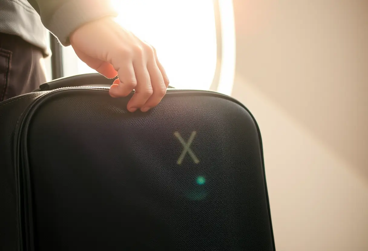 Une main ferme une valise rectangulaire compacte dans un rayon de soleil