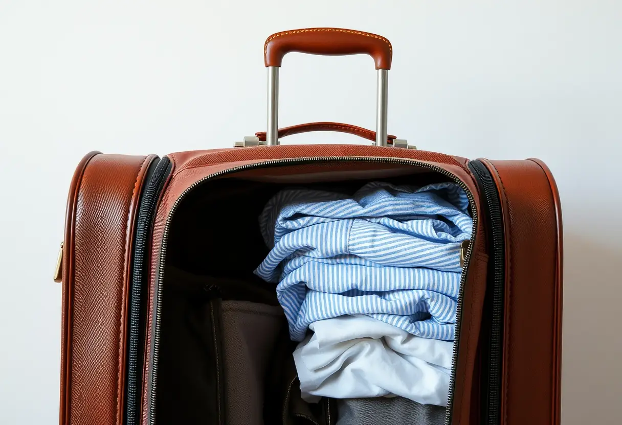 Une valise partiellement ouverte montrant des vêtements soigneusement pliés
