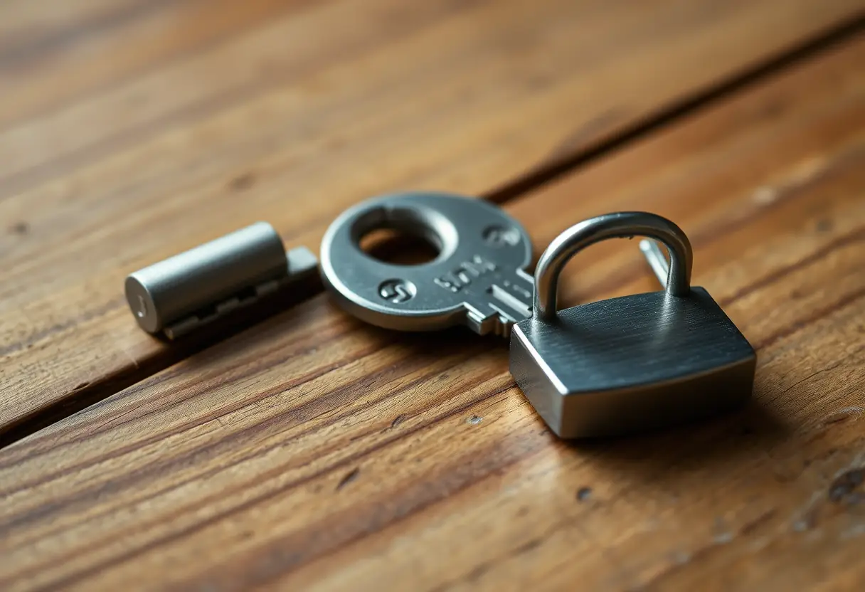 Une clé métallique posée sur une table en bois à côté d'un petit cadenas