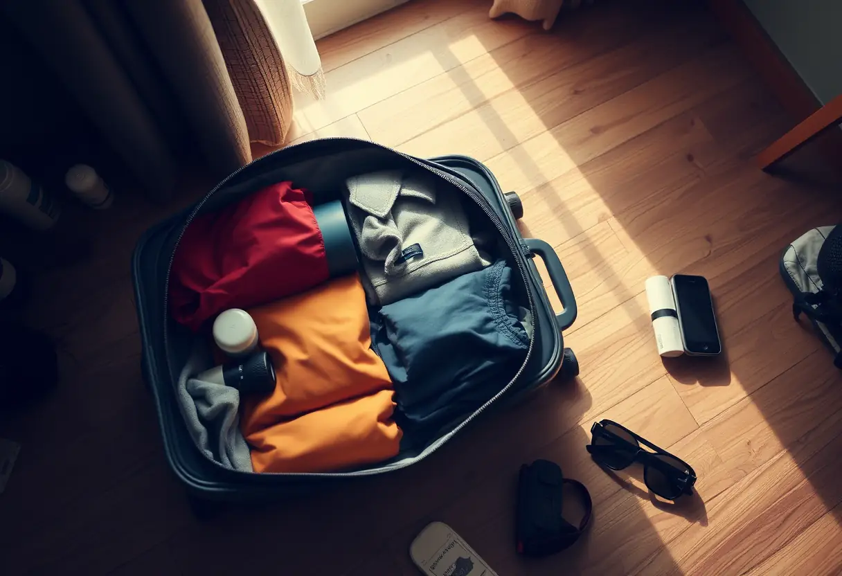 Une valise fermée est posée sur un plancher en bois, entourée de quelques affaires personnelles éparpillées.