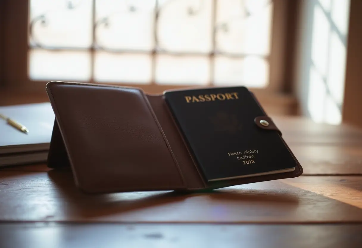 Un porte-passeport en cuir sur une table, éclairé par la lumière du jour, relate les préoccupations administratives du voyageur