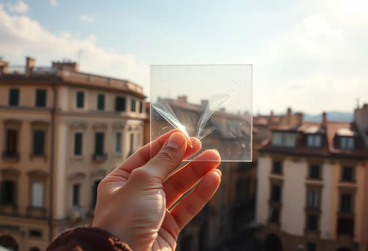 Une main tenant un passeport biométrique avec un paysage urbain à travers les pages.
