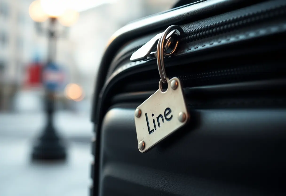 Un badge métallique accroché à la fermeture d'une valise, reflète la lumière d'un réverbère, rappelant les précautions de voyage