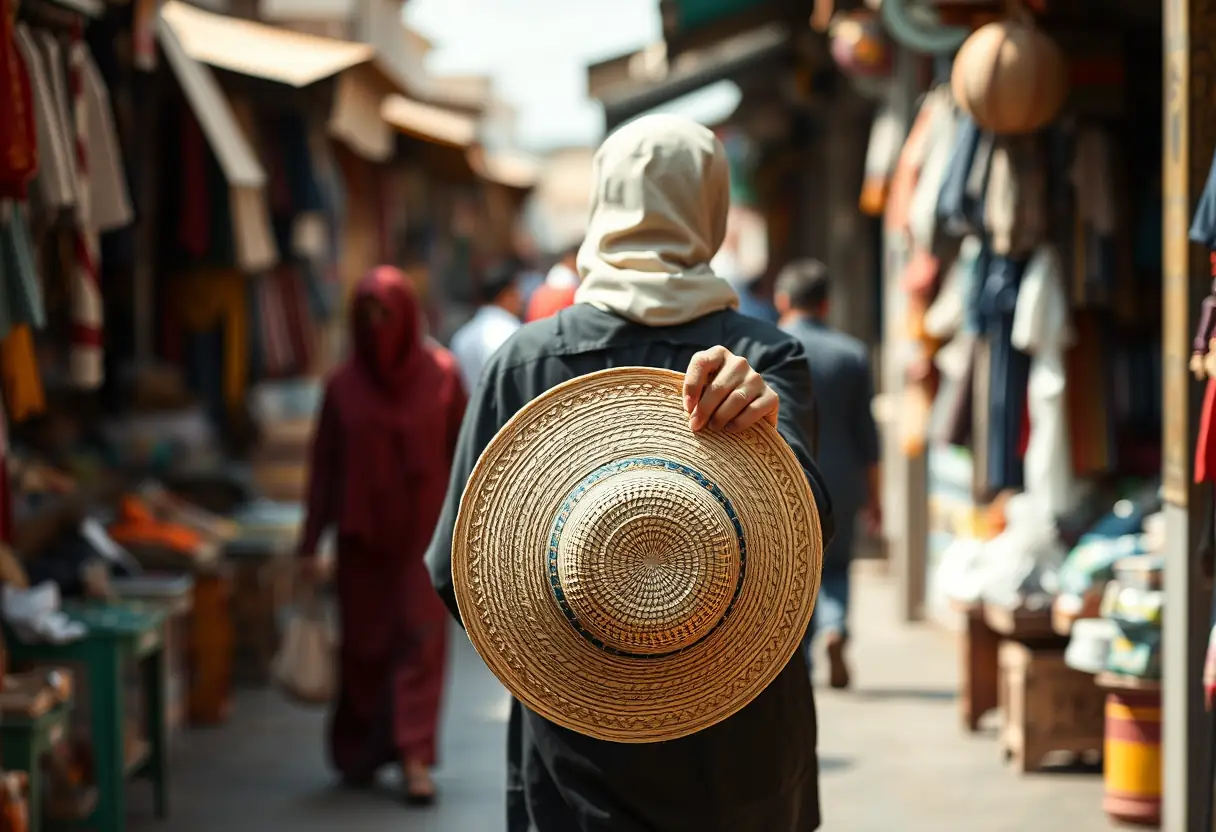 Silhouette marchant dans un souk avec un chapeau de paille tressée