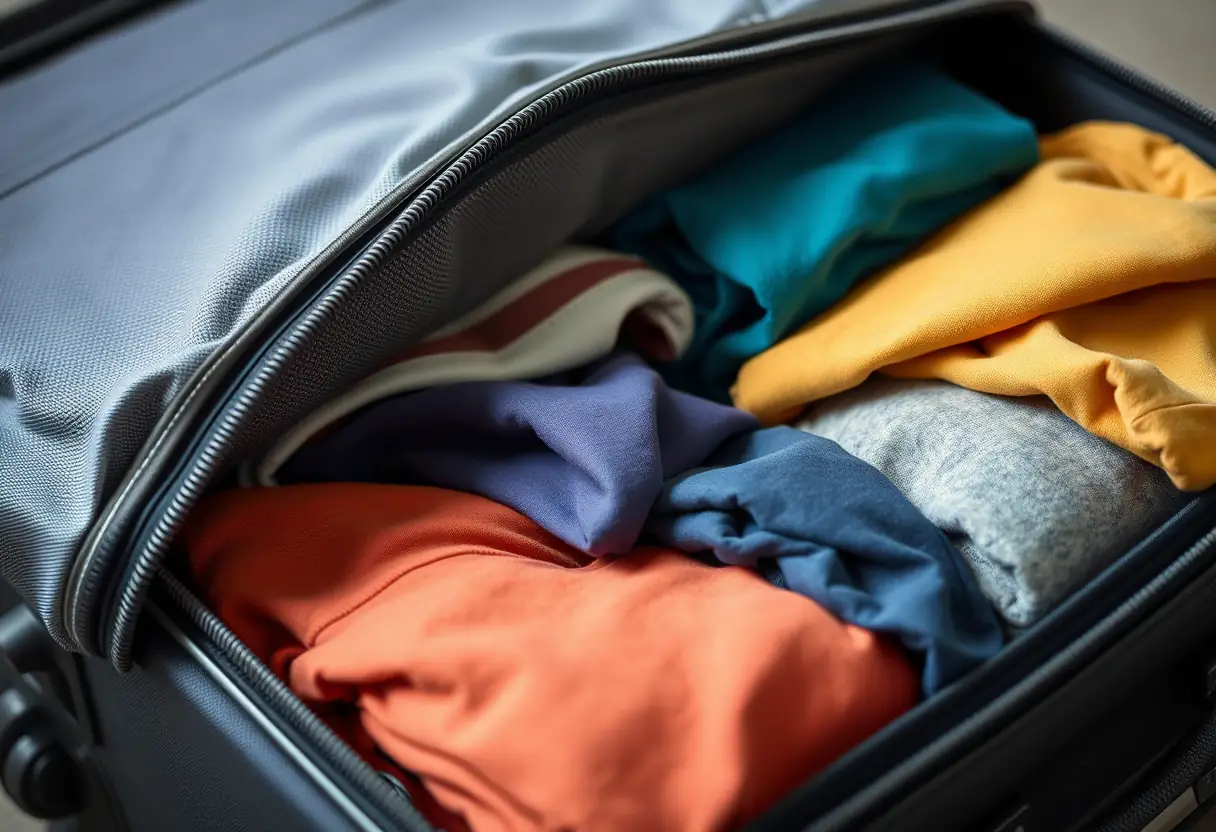 Une valise fermée avec ses vêtements soigneusement rangés à l'intérieur