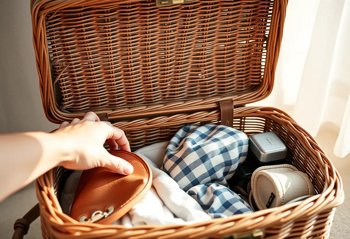 Une main plonge dans une valise en osier tressé préparée pour le voyage