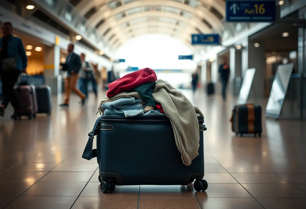 Un sac à dos plein dans un aéroport, prêt pour le voyage au Maroc