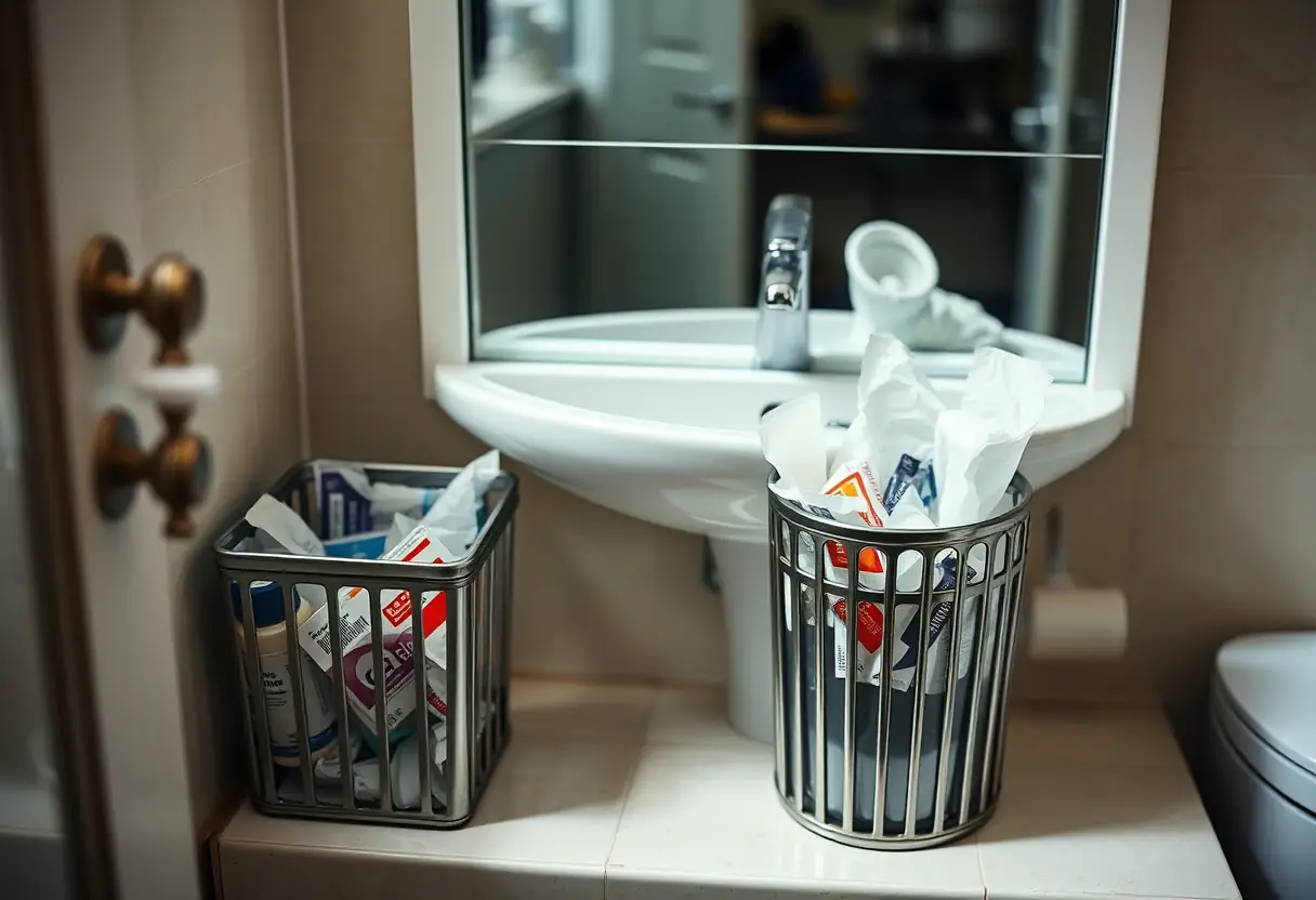 Un bac à ordures métallique dans une salle de bains contenant des mouchoirs usagés et des emballages de médicaments.