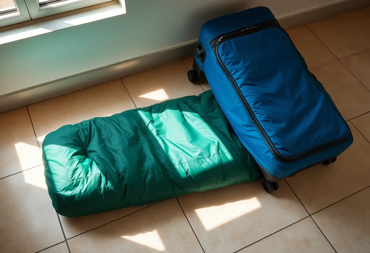 Un sac de couchage roulé près d'un valise prêts pour le voyage contre le mal des transports.