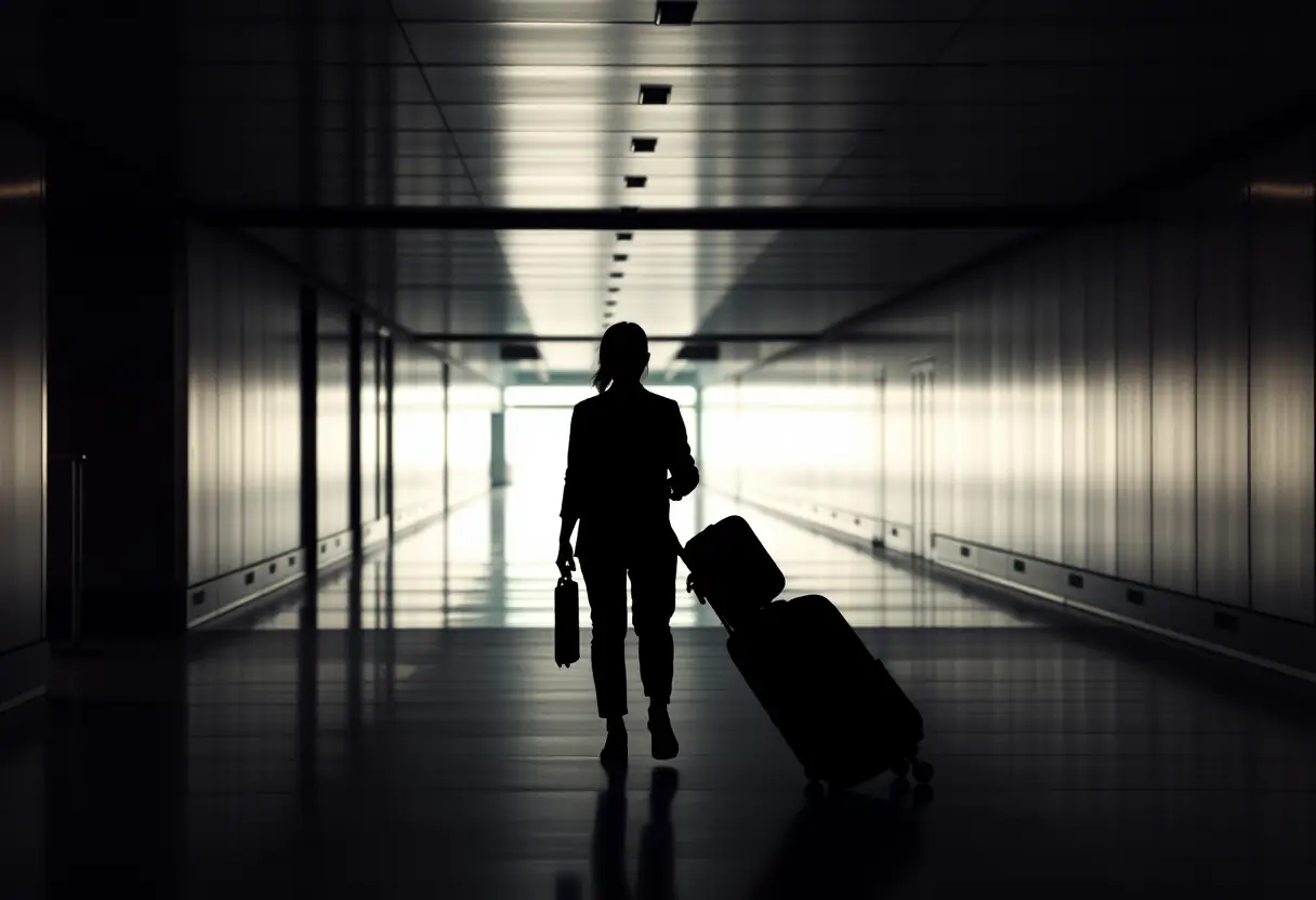 Un silhouetté marchant dans un long couloir d'aéroport avec ses bagages, éclairé par une lumière douce et diffuse.