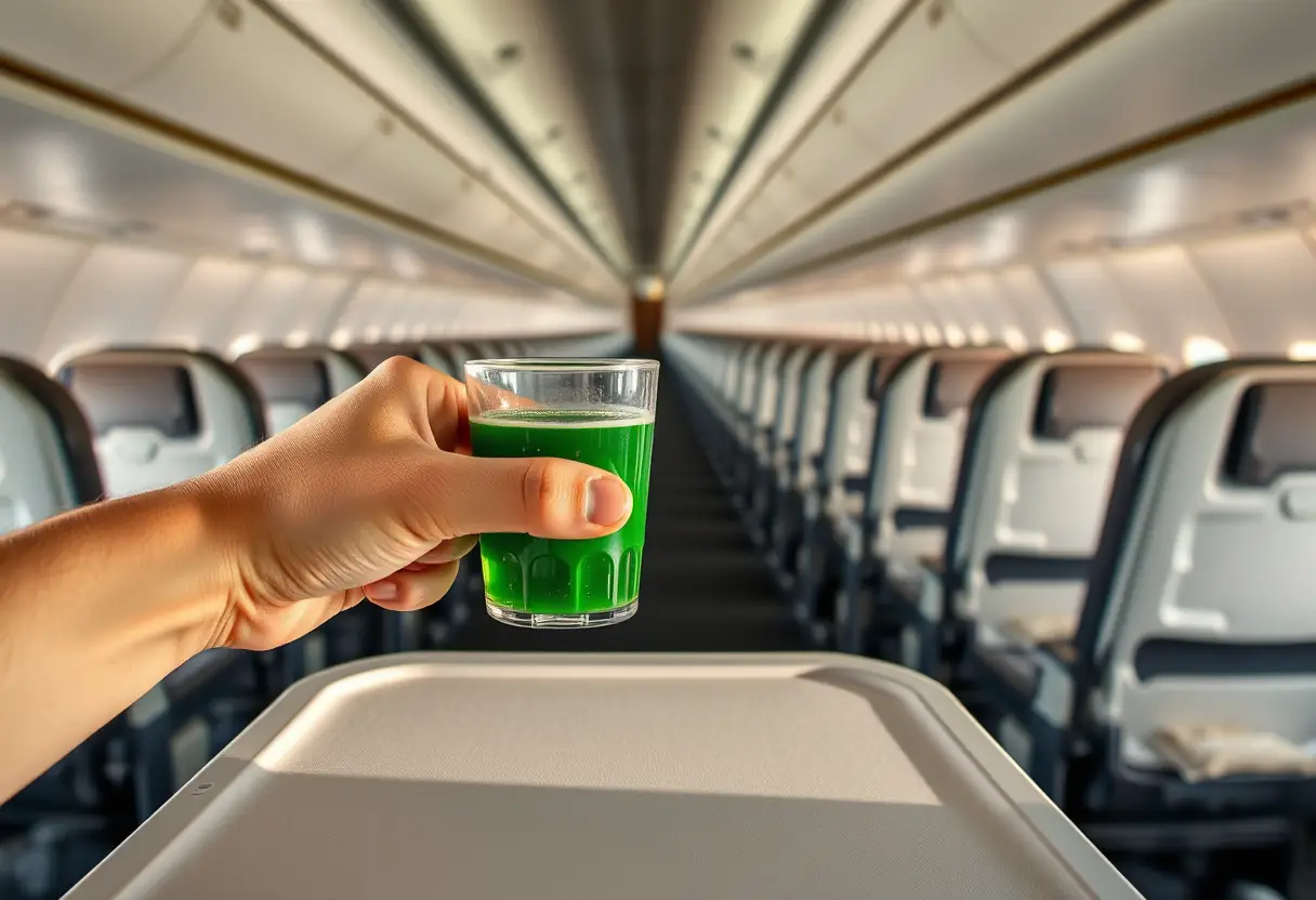 Une main tenant une tasse remplie d'un liquide vert sur un plateau dans un avion