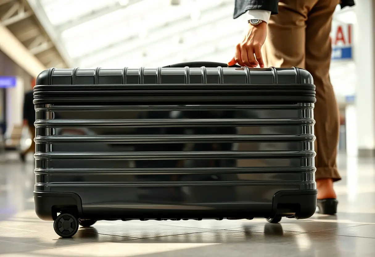 Une valise en polycarbonate robuste sur un sol dallé à l'aéroport