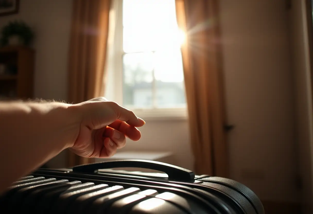 Une main tenant la poignée d'une valise en polycarbonate chez soi, préparant son voyage