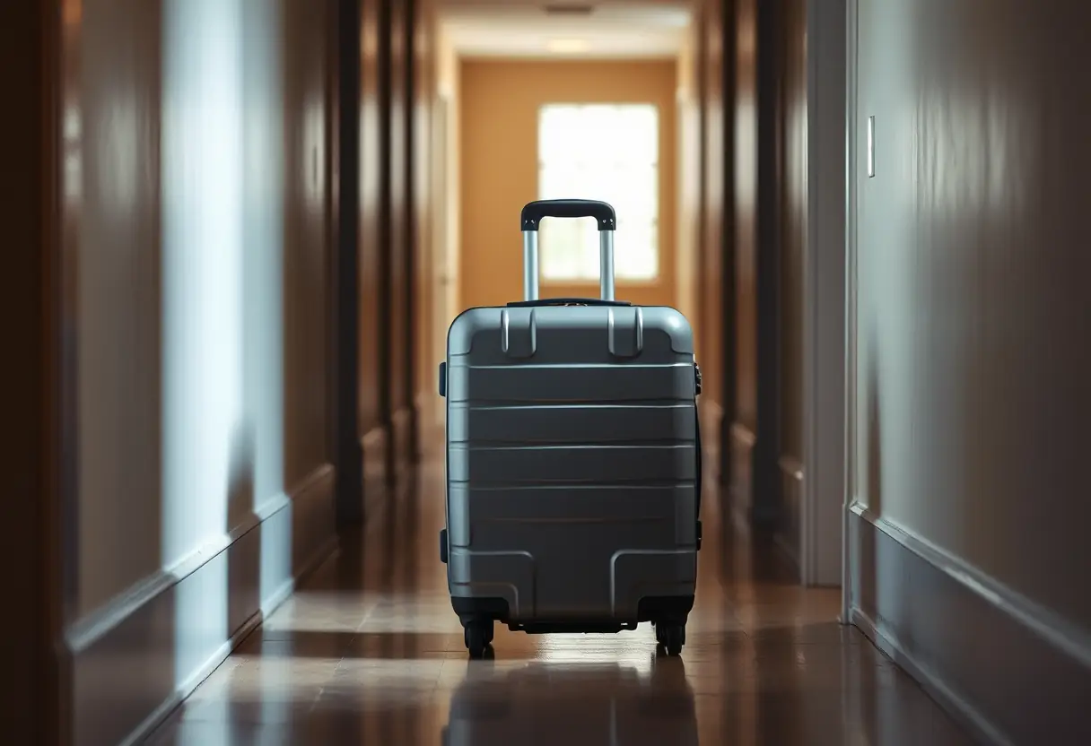 Une valise en polycarbonate glissant dans un couloir étroit, reflétant la lumière sur sa surface lisse