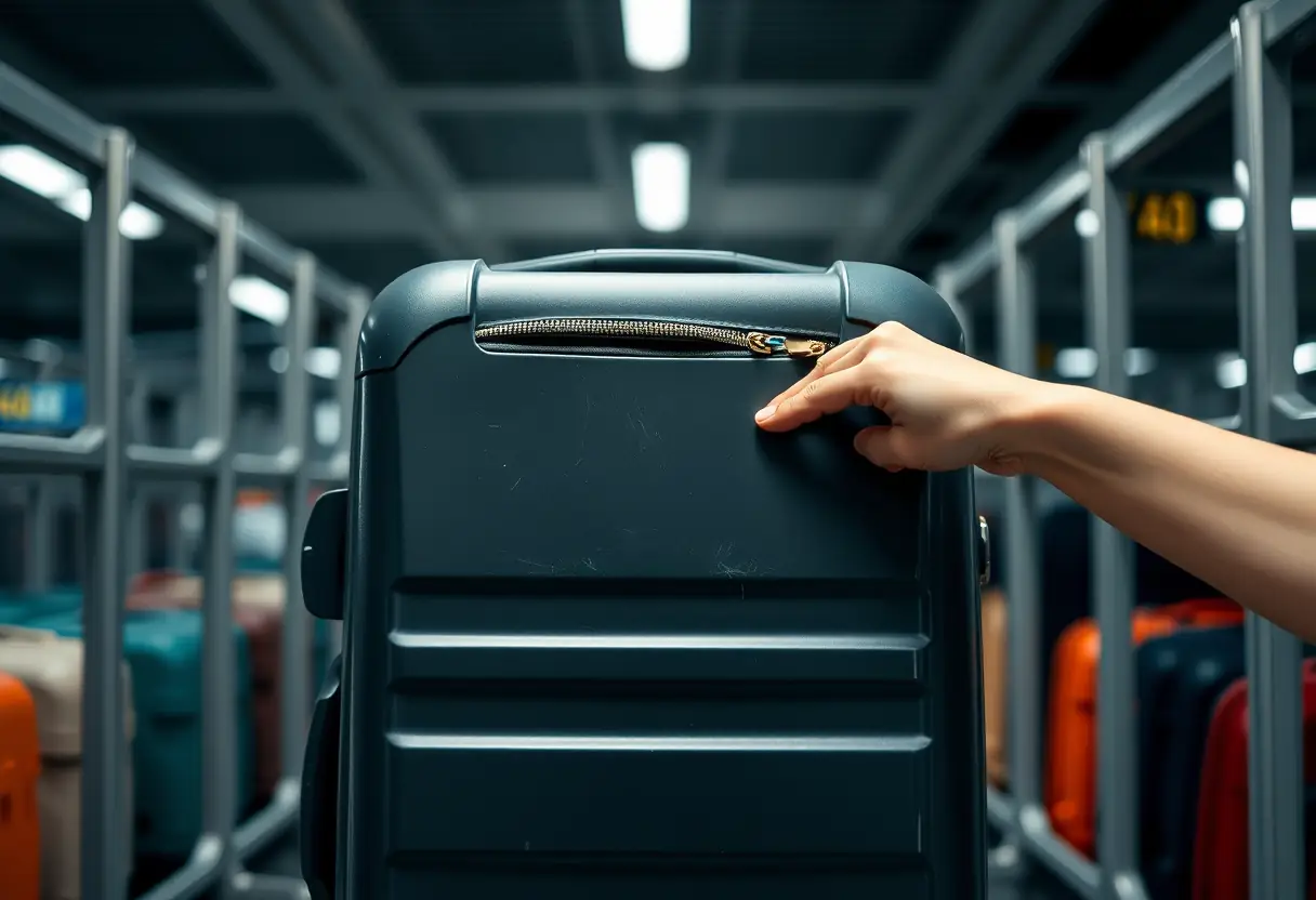 Une valise en polypropylène dans un aéroport, prête pour un nouveau voyage.