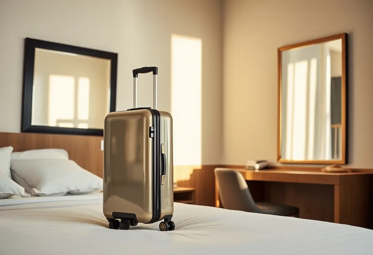 Une valise en polycarbonate dans une chambre d'hôtel, mettant en valeur sa conception moderne.