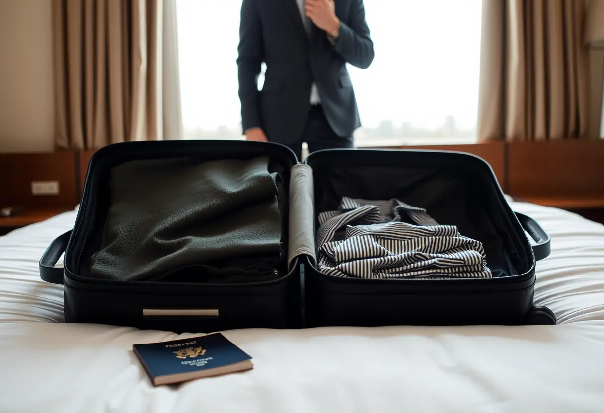 Un valise ouverte sur un lit d'hôtel contenant des vêtements pliés et un passeport.