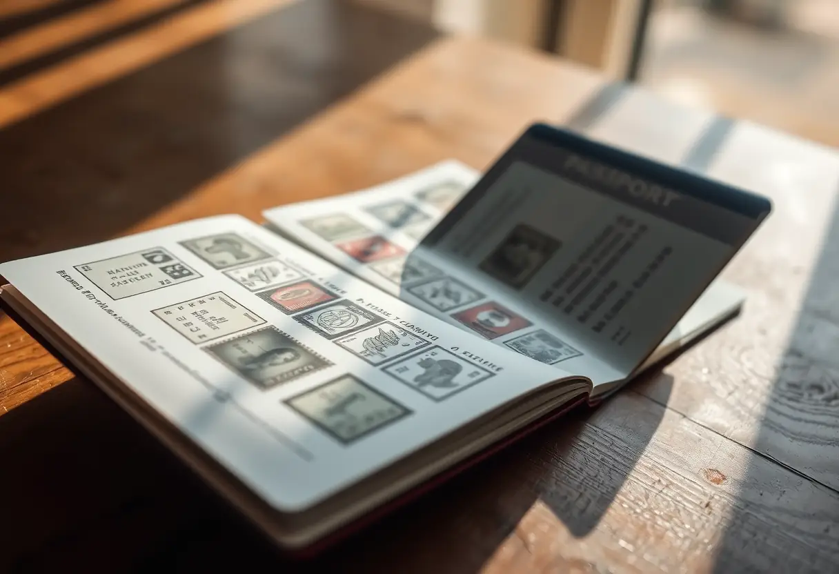 Un passeport ouvert sur une table avec plusieurs timbres