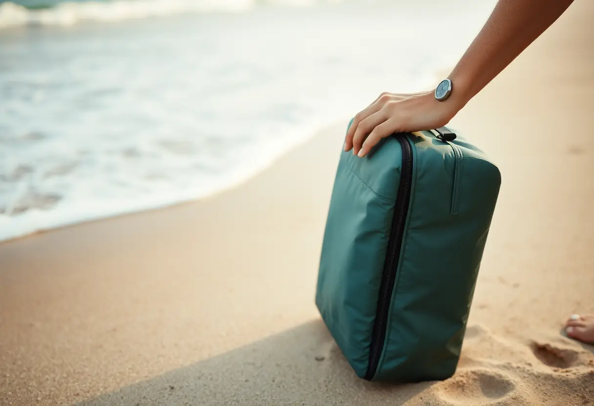 Une main ferme le zip d'une valise en polyester sur une plage de sable, les vagues se fracassant doucement à proximité.