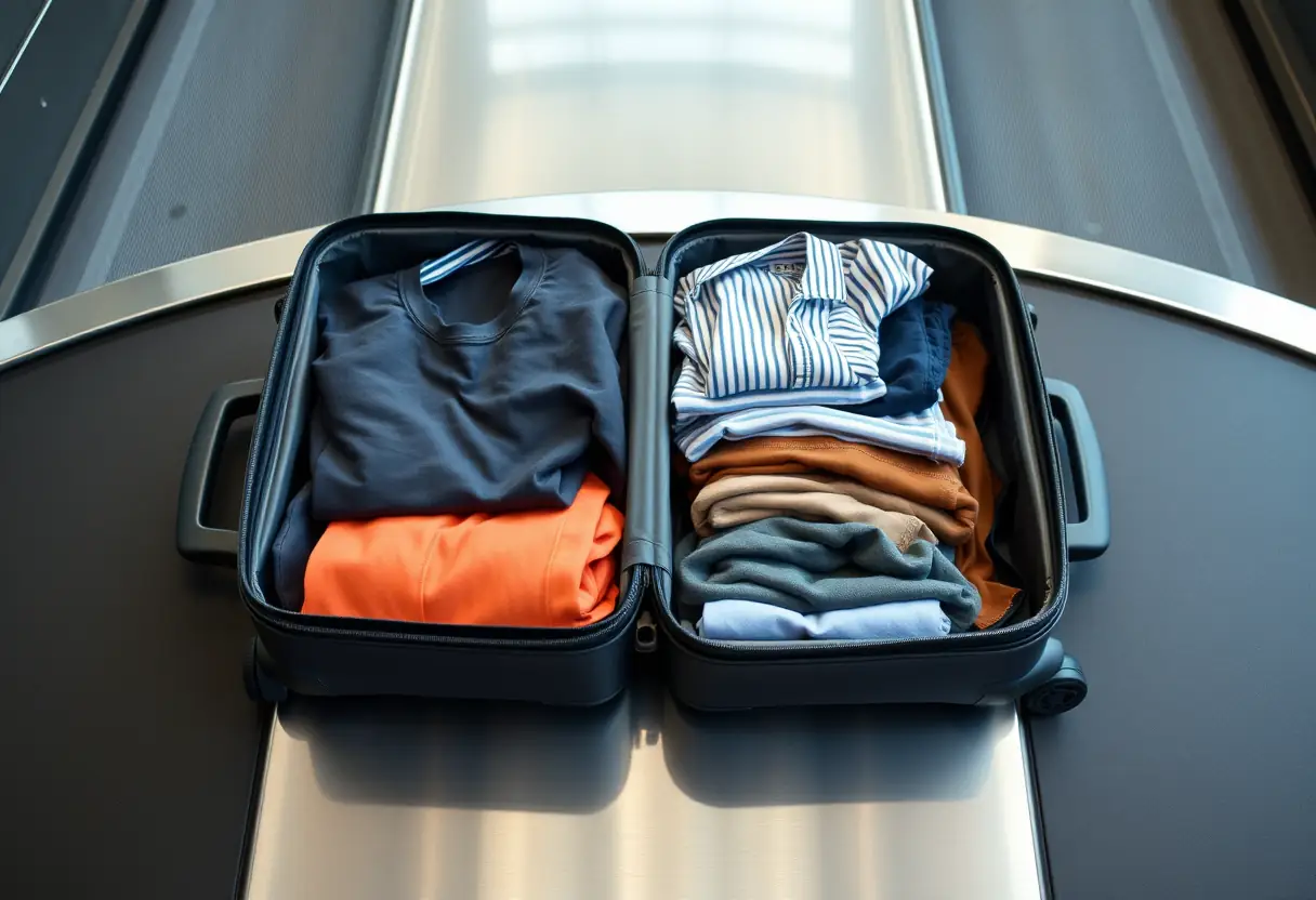 Une valise en polyester posée sur un tapis de bagagerie