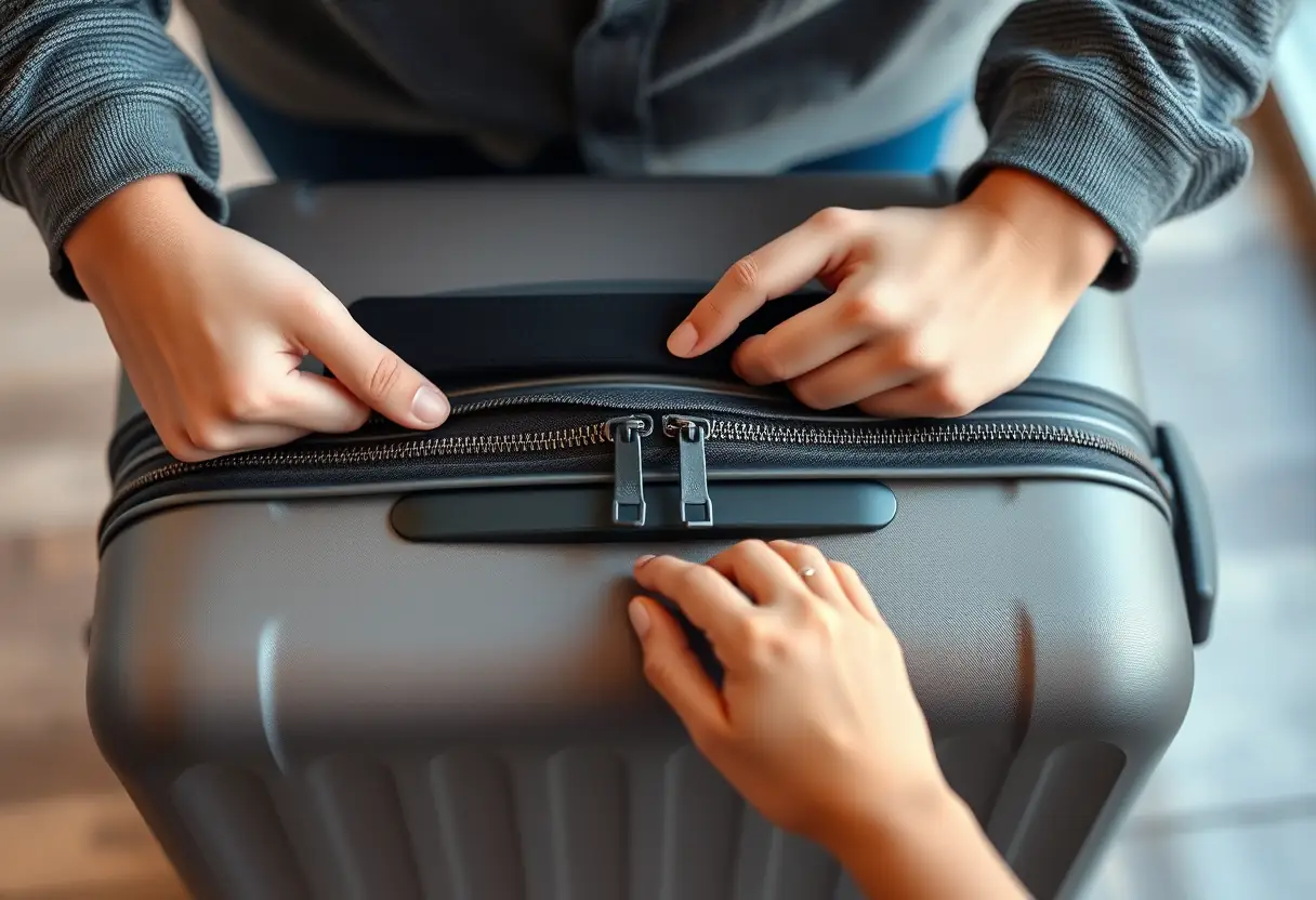 Des mains referment soigneusement une valise solide avant le voyage.