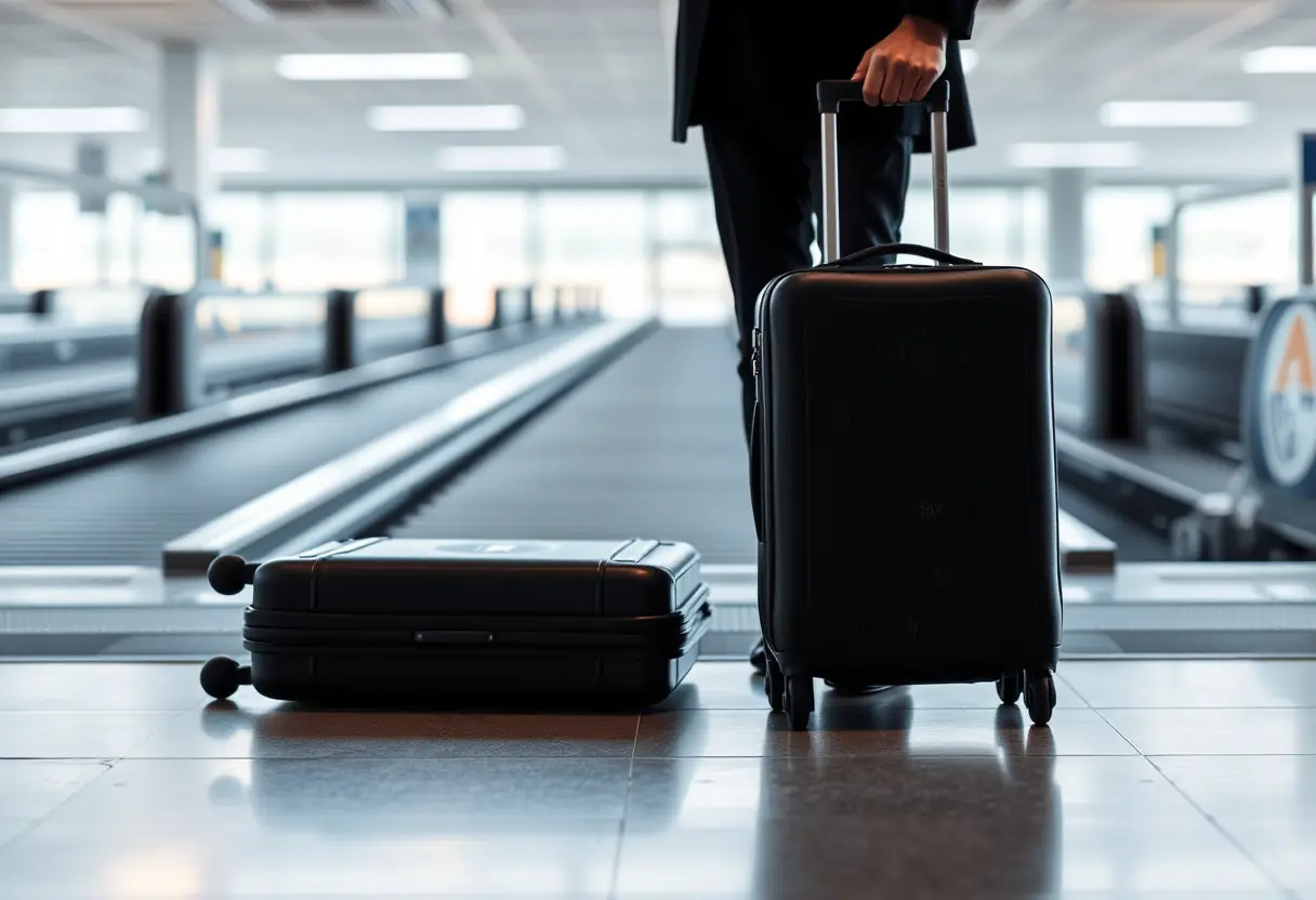 Un voyageur devant un tapis de bagages avec sa valise souple en nylon