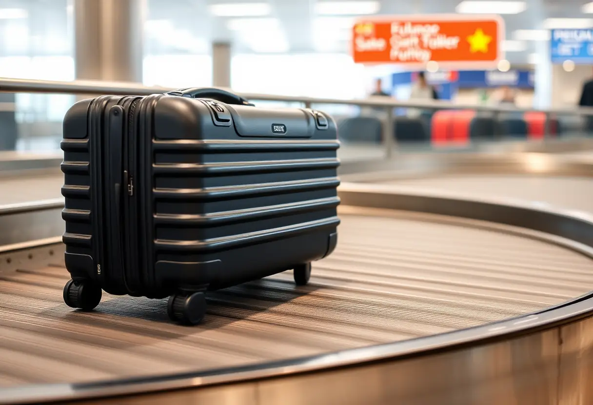 Une valise à coque en plastique dur sur un tapis roulant de bagages, ses roues tournant lentement.