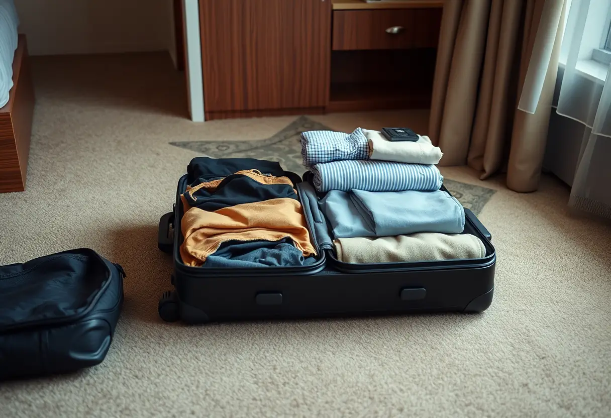 Une valise ouverte sur le plancher d'une chambre d'hôtel, révélant des vêtements soigneusement pliés