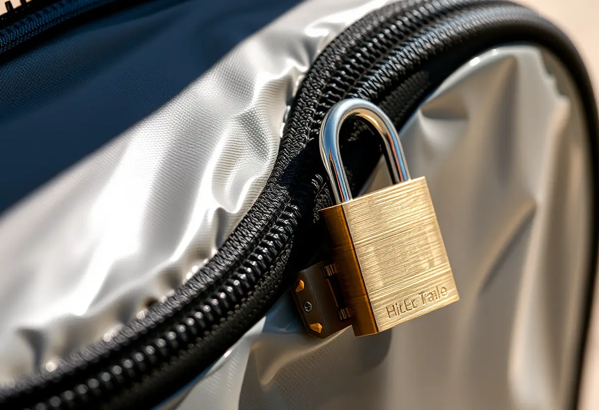 Un sac de voyage zippé avec un cadenas fixé sur sa fermeture éclair